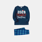 2026 Family Christmas Text Print Blue Long Sleeve Top With Blue Plaid Family Matching Pajamas