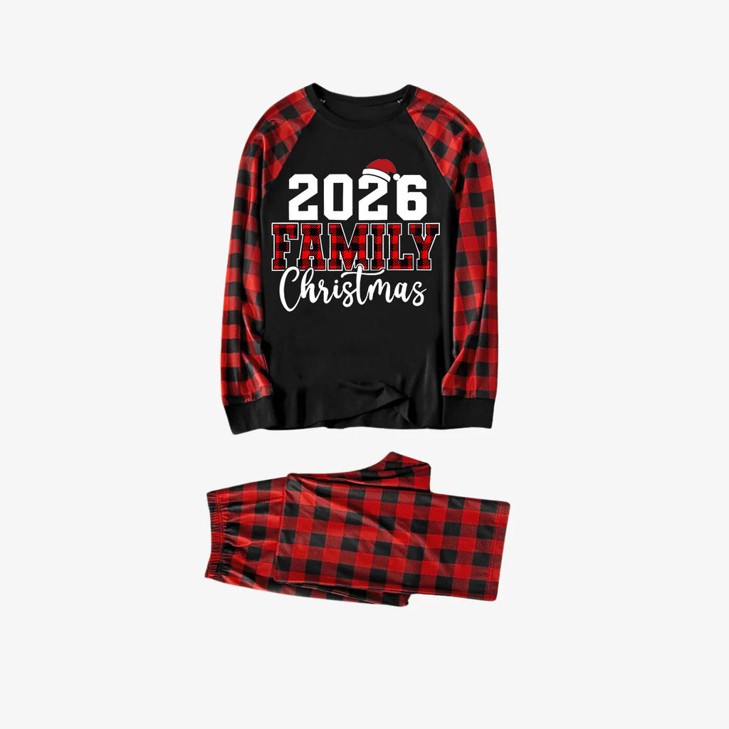 "2026 Family Christmas" Text Print Black & Red Plaid Christmas Matching Pajamas