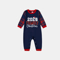 "2026 Christmas" Text and Santa Hat Prints Blue Long Sleeves Top with Red and Blue Plaid Pants Christmas Matching Pajamas