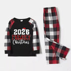 "2026 FNMILY Christmas " White and Red Text Printed Pattern - Black Top with Red&Black&White Plaid Sleeves - Family Matching Pajamas