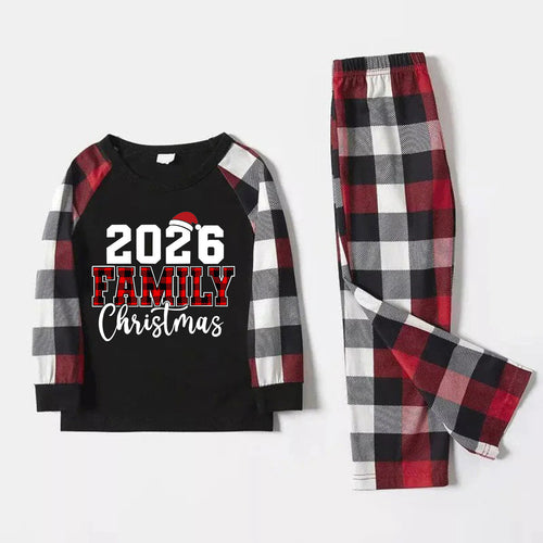 "2026 FNMILY Christmas " White and Red Text Printed Pattern - Black Top with Red&Black&White Plaid Sleeves - Family Matching Pajamas