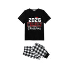 2026 Family Christmas Pajamas Set - Black Top Black and White Plaid Pants Red Plaid Text Graphic