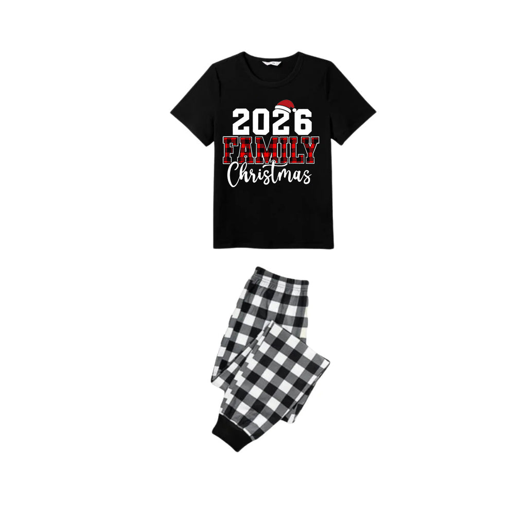 2026 Family Christmas Pajamas Set - Black Top Black and White Plaid Pants Red Plaid Text Graphic
