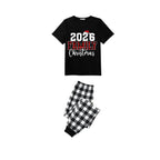 2026 Family Christmas Pajamas Set - Black Top Black and White Plaid Pants Red Plaid Text Graphic