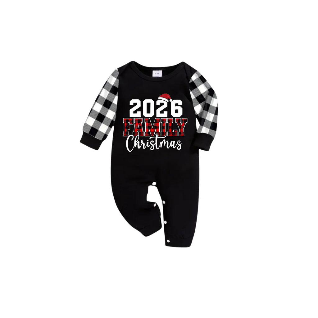 2026 Family Christmas Pajamas Set - Black Top Black and White Plaid Pants Red Plaid Text Graphic
