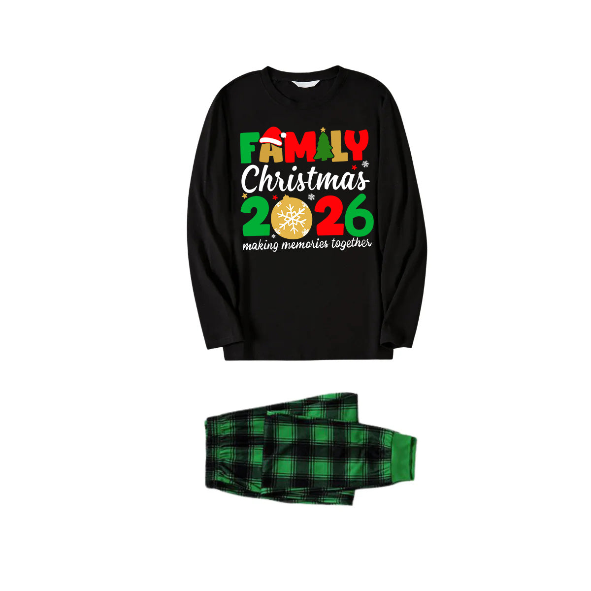 "Family Christmas 2026" Cute Pattern Printed Black and Green Plaid Family Matching Pajamas