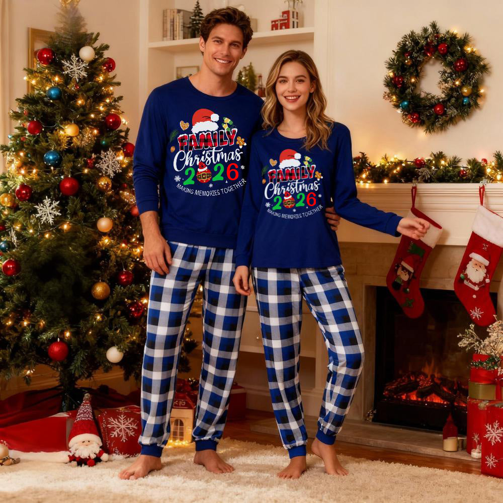 "Family Christmas 2026 Making Memories Together" Text and Santa Hat Printed Blue and White Plaid Couple Matching Pajamas