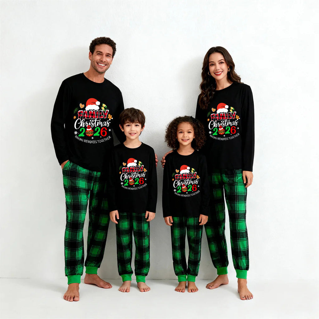 "Making Memories Together Christmas 2026" Print Black and Green Plaid Pants Family Matching Pajamas