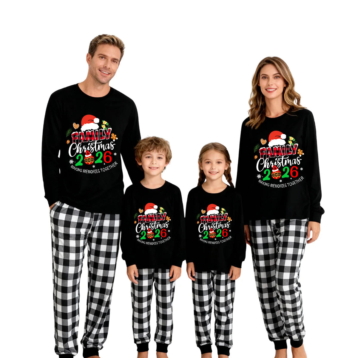 Family Christmas 2026 Making Memories Together Text Print Black Long Sleeve Top with Black And White Plaid Pants Family Matching Pajamas