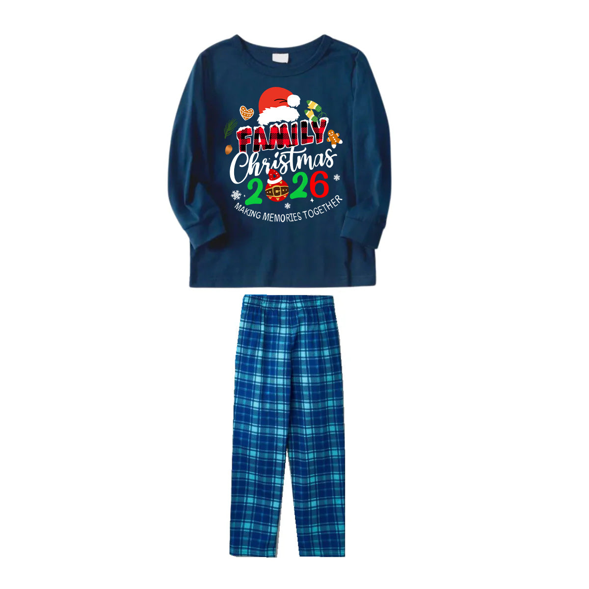 Family Christmas 2026 Making Memories Together Text Print Blue Long Sleeve Top With Blue Plaid Family Matching Pajamas