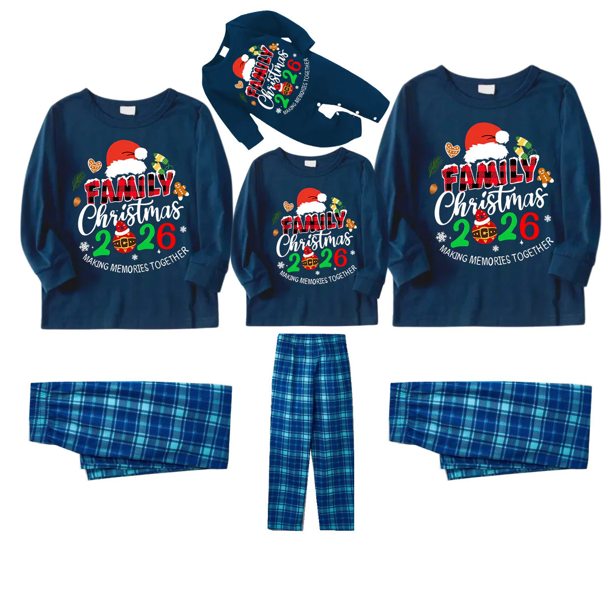 Family Christmas 2026 Making Memories Together Text Print Blue Long Sleeve Top With Blue Plaid Family Matching Pajamas