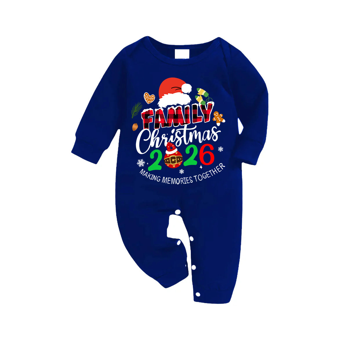 "Family Christmas 2026 Making Memories Together" Text and Santa Hat Printed Blue and White Plaid Family Matching Pajamas