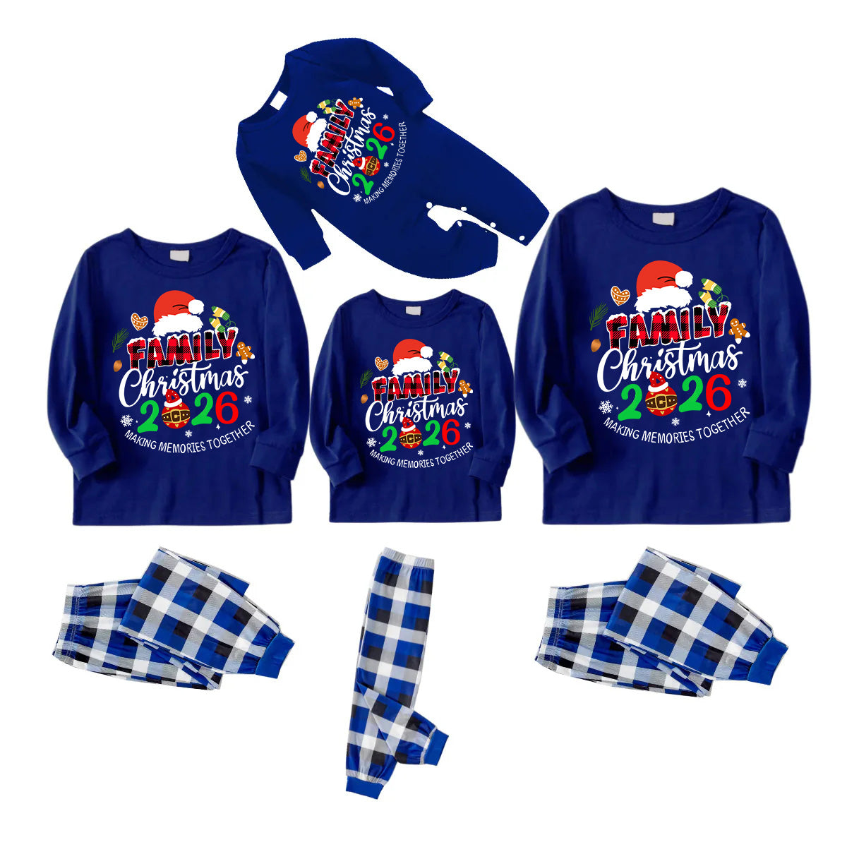 "Family Christmas 2026 Making Memories Together" Text and Santa Hat Printed Blue and White Plaid Family Matching Pajamas
