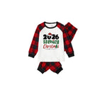 Merry Christmas 2026 Family Pajamas Set - White Top, Red & Black Plaid Pants, Red & Black Plaid Sleeves, Santa Hat & Christmas Tree Print