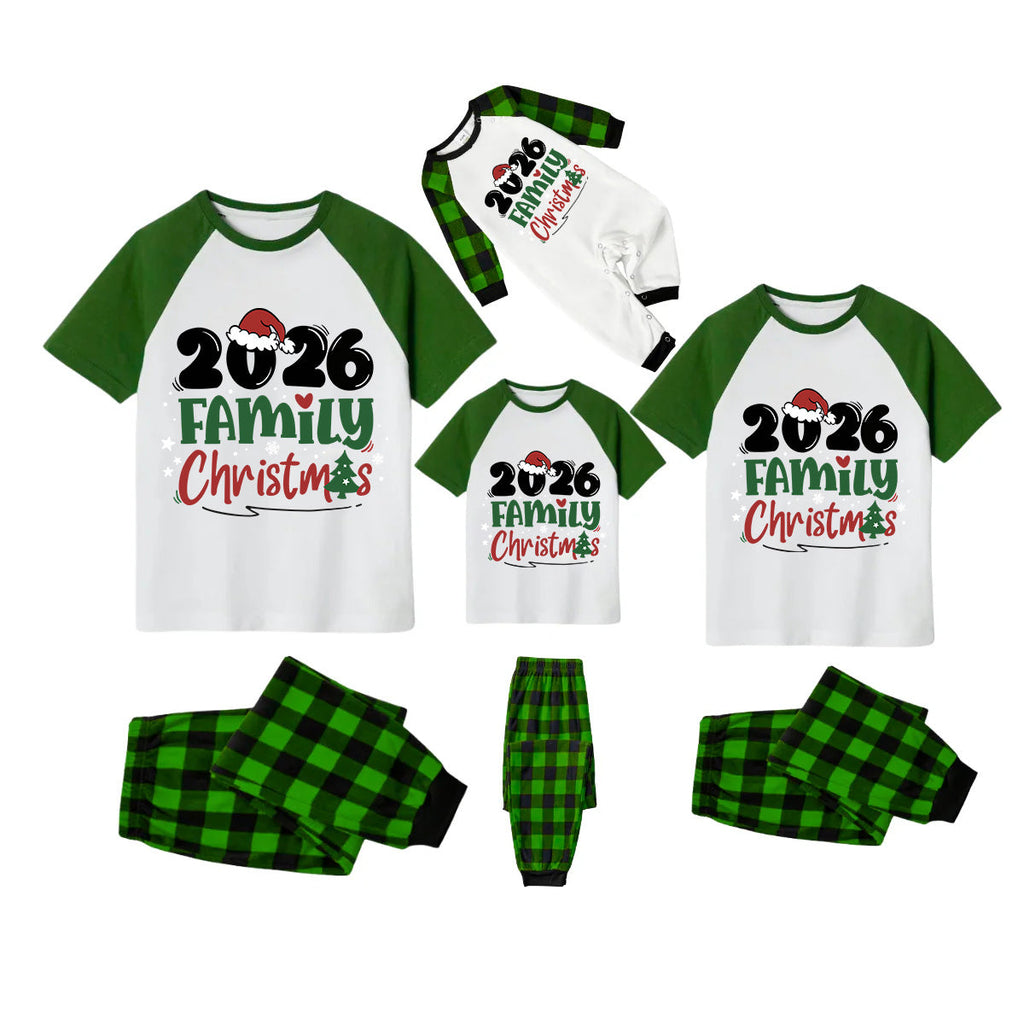 2026 Family Christmas Pajamas Set - White Top Green Sleeves Green Plaid Pants Green and Red Text Graphic