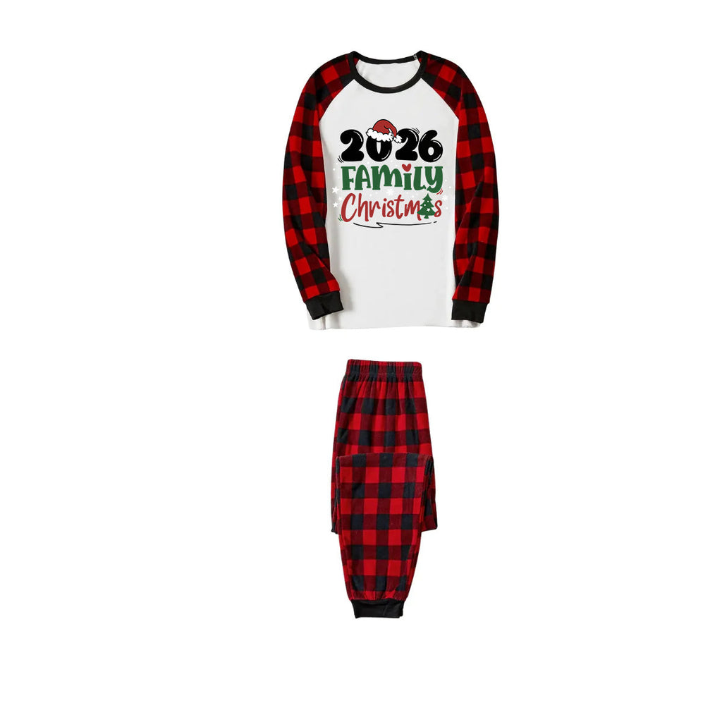 Merry Christmas 2026 Family Pajamas Set - White Top, Red & Black Plaid Pants, Red & Black Plaid Sleeves, Santa Hat & Christmas Tree Print