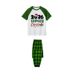 2026 Family Christmas Pajamas Set - White Top Green Sleeves Green Plaid Pants Green and Red Text Graphic