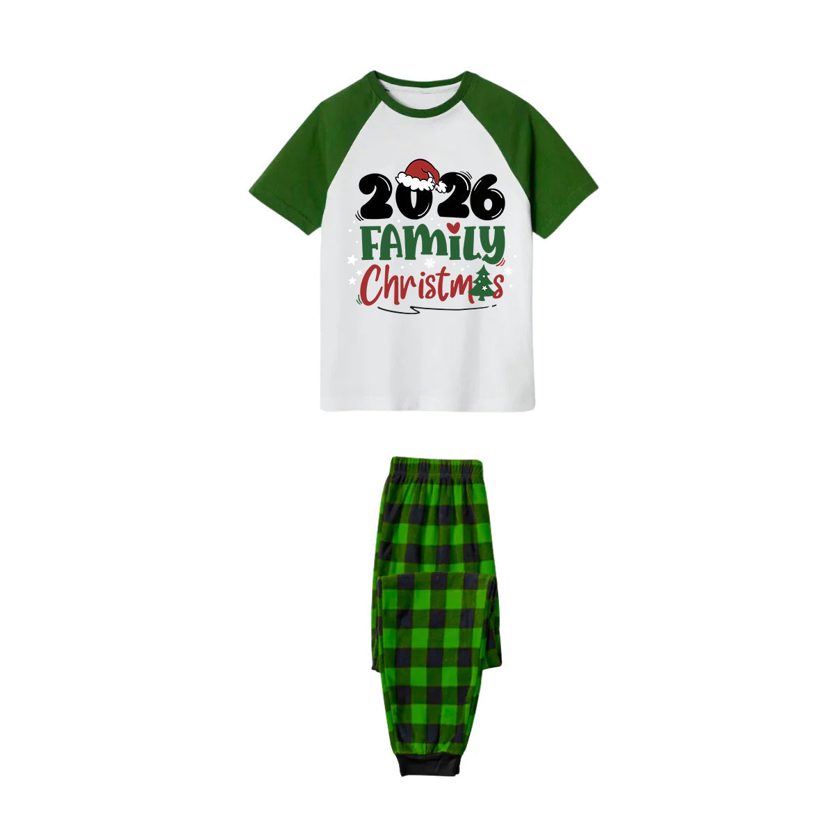2026 Family Christmas Pajamas Set - White Top Green Sleeves Green Plaid Pants Green and Red Text Graphic