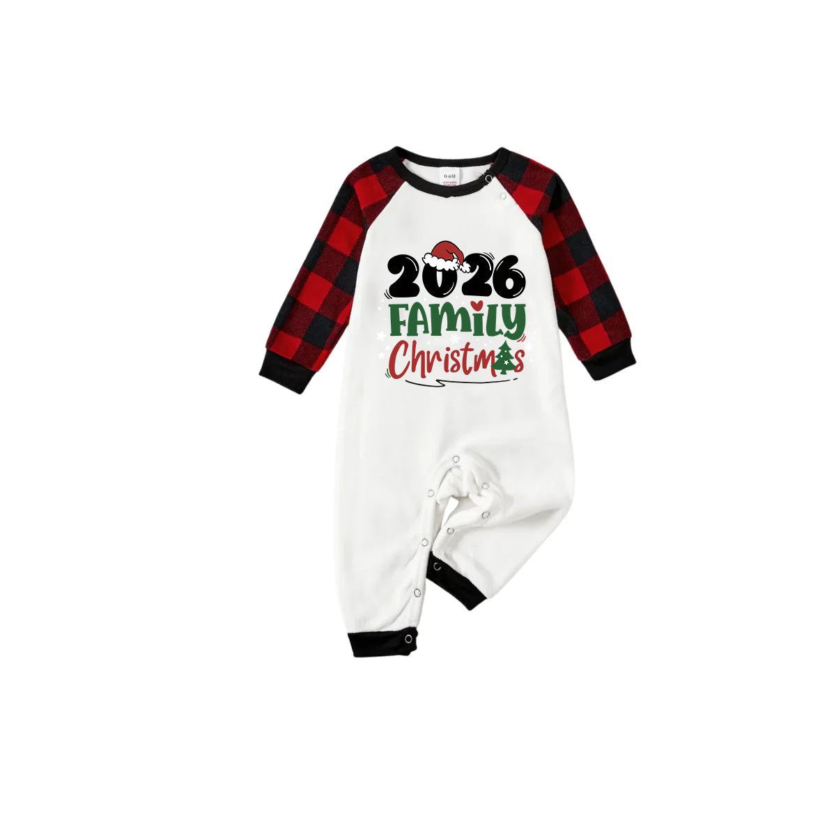 Merry Christmas 2026 Family Pajamas Set - White Top, Red & Black Plaid Pants, Red & Black Plaid Sleeves, Santa Hat & Christmas Tree Print