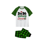 2026 Family Christmas Pajamas Set - White Top Green Sleeves Green Plaid Pants Green and Red Text Graphic