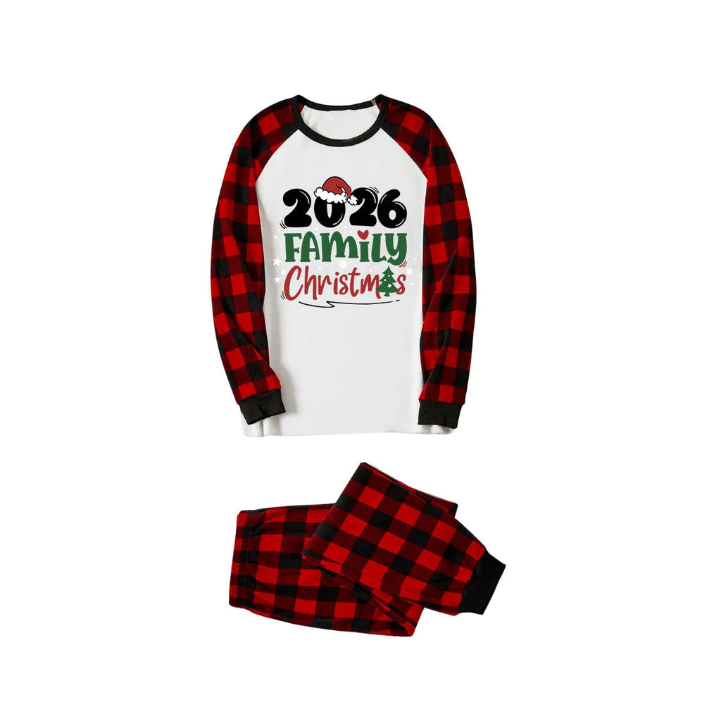 Merry Christmas 2026 Family Pajamas Set - White Top, Red & Black Plaid Pants, Red & Black Plaid Sleeves, Santa Hat & Christmas Tree Print