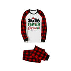 Merry Christmas 2026 Family Pajamas Set - White Top, Red & Black Plaid Pants, Red & Black Plaid Sleeves, Santa Hat & Christmas Tree Print