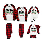 Merry Christmas 2026 Family Pajamas Set - White Top, Red & Black Plaid Pants, Red & Black Plaid Sleeves, Santa Hat & Christmas Tree Print