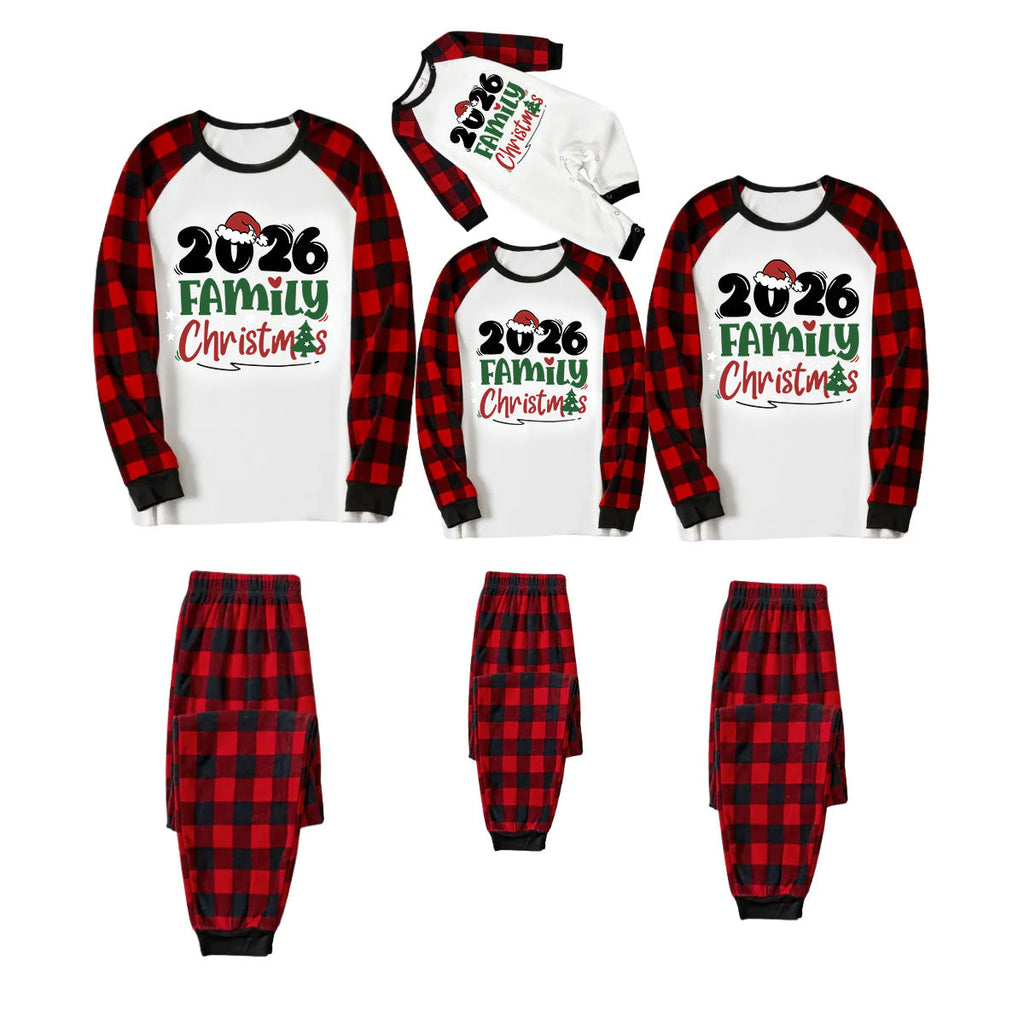 Merry Christmas 2026 Family Pajamas Set - White Top, Red & Black Plaid Pants, Red & Black Plaid Sleeves, Santa Hat & Christmas Tree Print