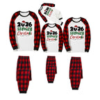 Merry Christmas 2026 Family Pajamas Set - White Top, Red & Black Plaid Pants, Red & Black Plaid Sleeves, Santa Hat & Christmas Tree Print