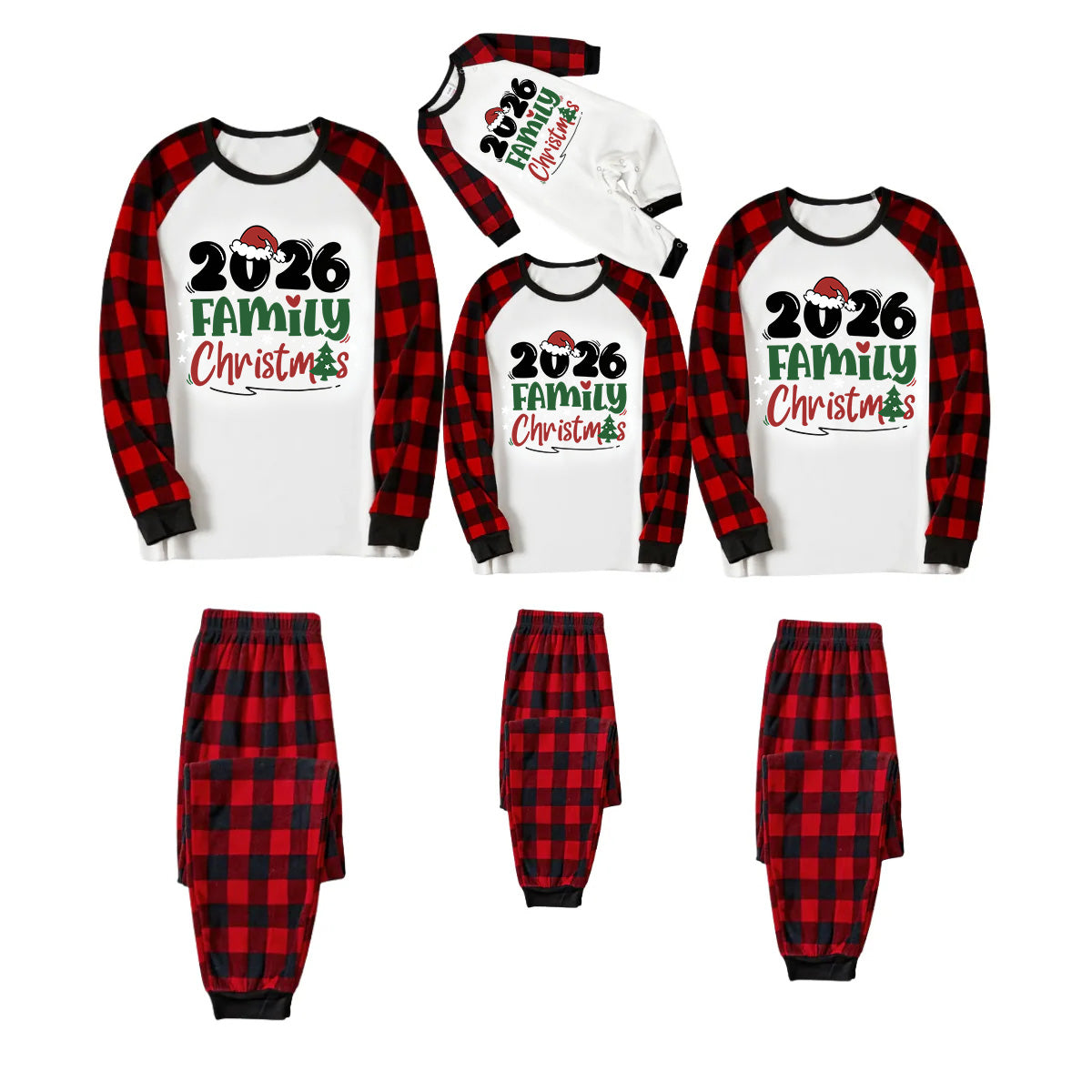 Merry Christmas 2026 Family Pajamas Set - White Top, Red & Black Plaid Pants, Red & Black Plaid Sleeves, Santa Hat & Christmas Tree Print