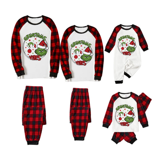 Red and Black Plaid Christmas Pajamas Set With "Grinchmas Vibes" Cartoon Print