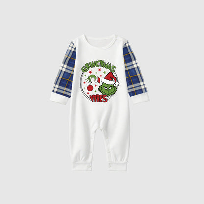 Christmas Family Matching Pajamas-Blue Raglan Top Blue Plaid Pants Pjs Set with Grinch and "Grinchmas Vibes" Print