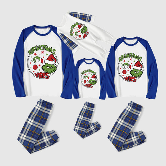 Christmas Family Matching Pajamas-Blue Raglan Top Blue Plaid Pants Pjs Set with Grinch and "Grinchmas Vibes" Print
