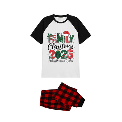 Black and Red Plaid Raglan Short Sleeve Pajamas Set With "Family Christmas 2025" and Christmas Pattern Print