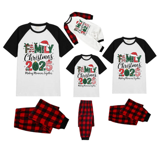 Black and Red Plaid Raglan Short Sleeve Pajamas Set With "Family Christmas 2025" and Christmas Pattern Print