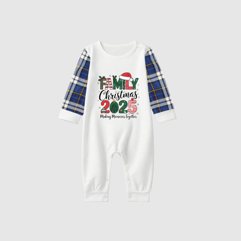 Christmas Family Matching Pajamas-Blue Raglan Top Blue Plaid Pants Pjs Set with "Family Christmas 2025" Print