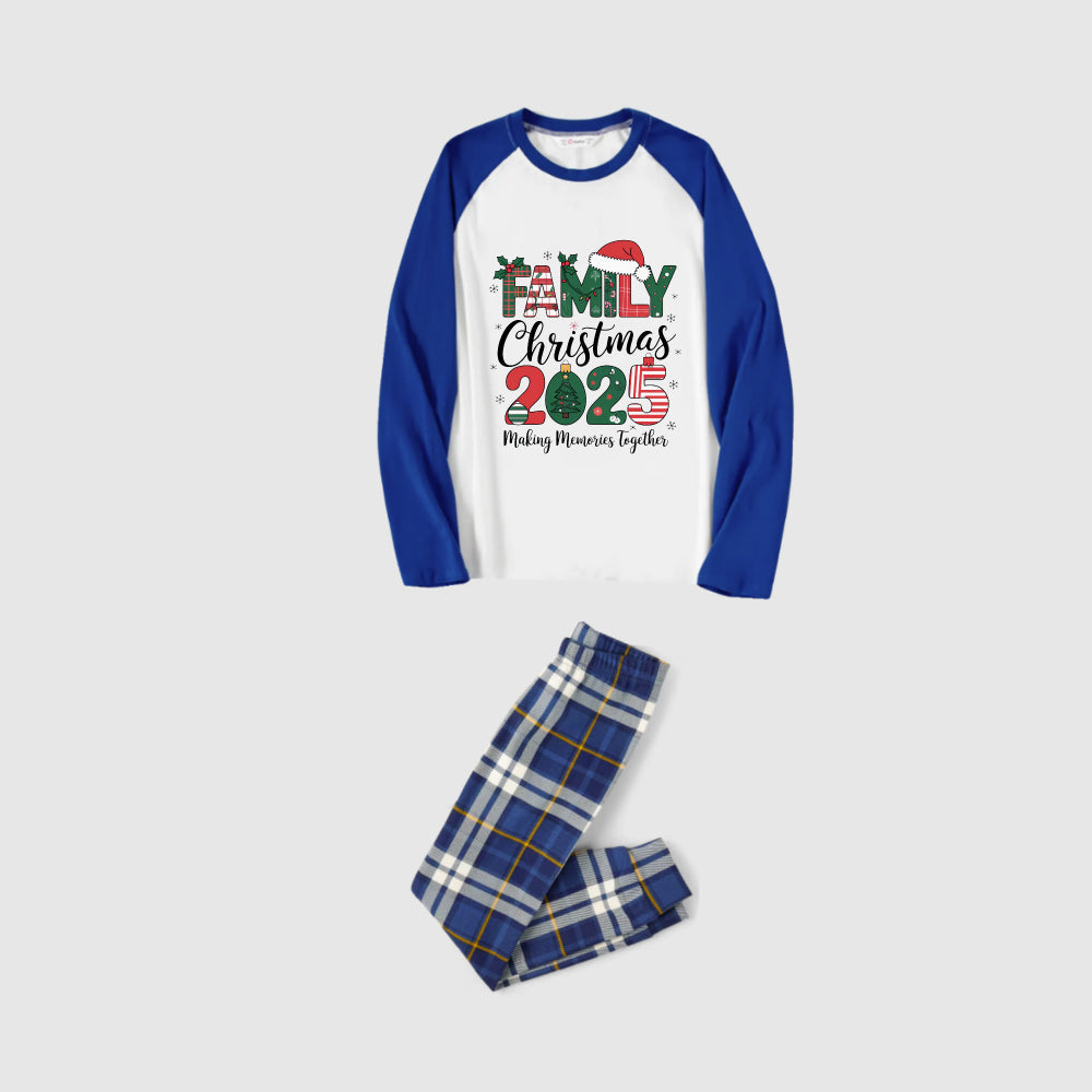 Christmas Family Matching Pajamas-Blue Raglan Top Blue Plaid Pants Pjs Set with "Family Christmas 2025" Print