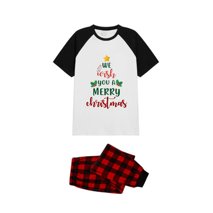 Black and Red Plaid Raglan Short Sleeve Pajamas Set With "We Wish You A Merry Christmas" Print