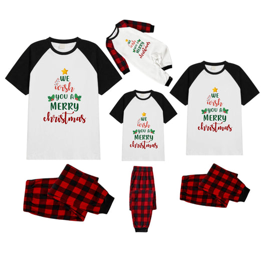 Black and Red Plaid Raglan Short Sleeve Pajamas Set With "We Wish You A Merry Christmas" Print