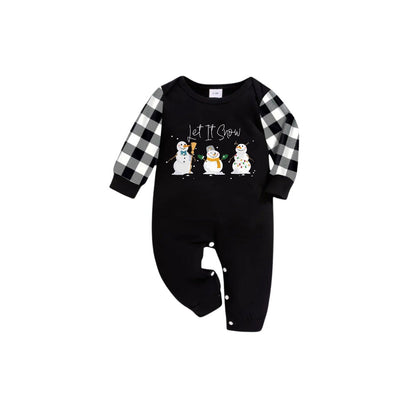 Black and White Plaid Short Sleeve Christmas Pajamas Set With Snowman and Cheer Text Prints