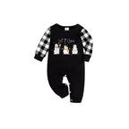 Black and White Plaid Short Sleeve Christmas Pajamas Set With Snowman and Cheer Text Prints