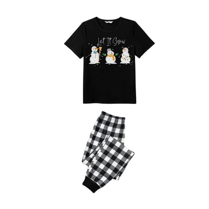 Black and White Plaid Short Sleeve Christmas Pajamas Set With Snowman and Cheer Text Prints