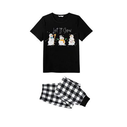 Black and White Plaid Short Sleeve Christmas Pajamas Set With Snowman and Cheer Text Prints