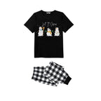 Black and White Plaid Short Sleeve Christmas Pajamas Set With Snowman and Cheer Text Prints