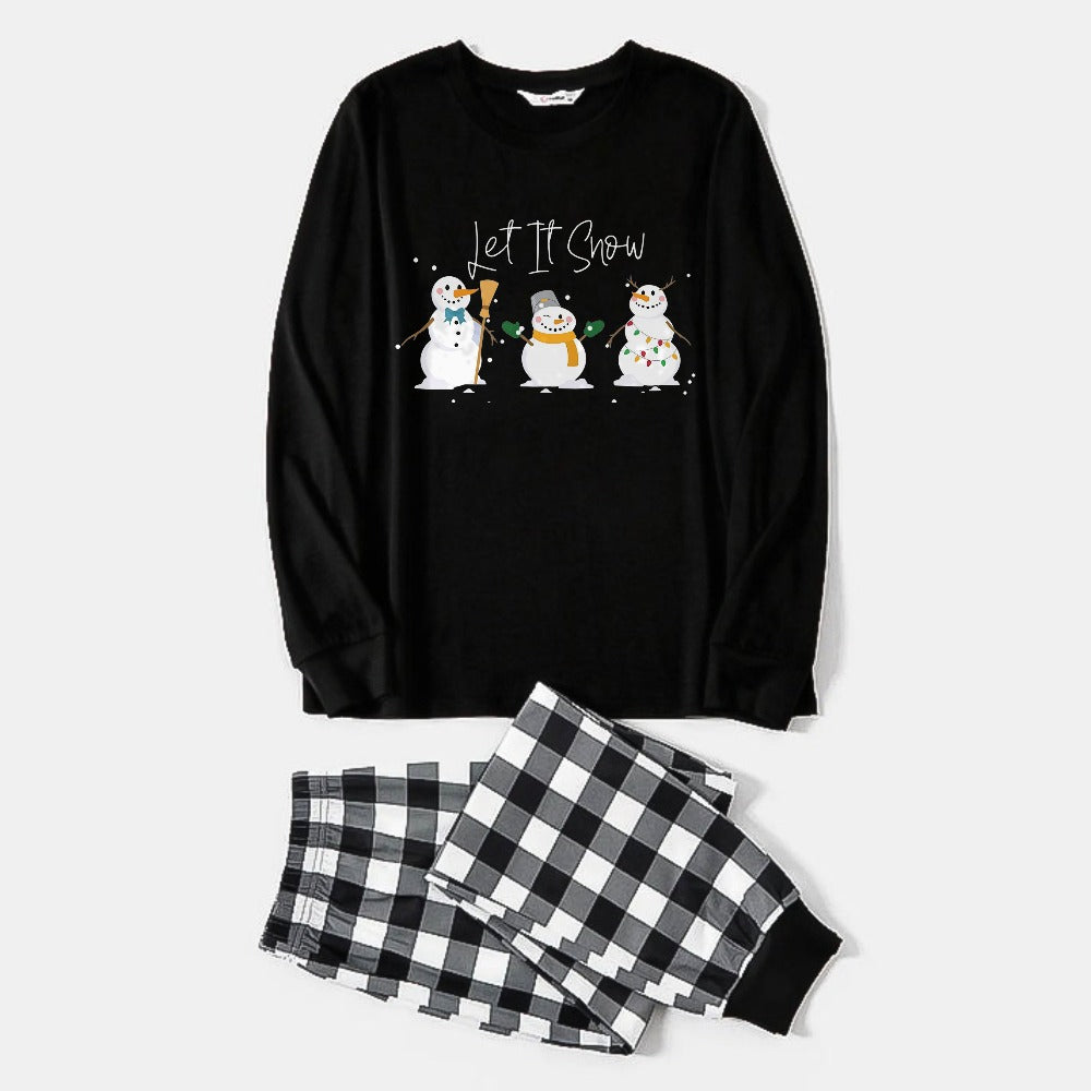Black and White Plaid Christmas Pajamas Set With Snowman and "Let It Snow" Cartoon Print