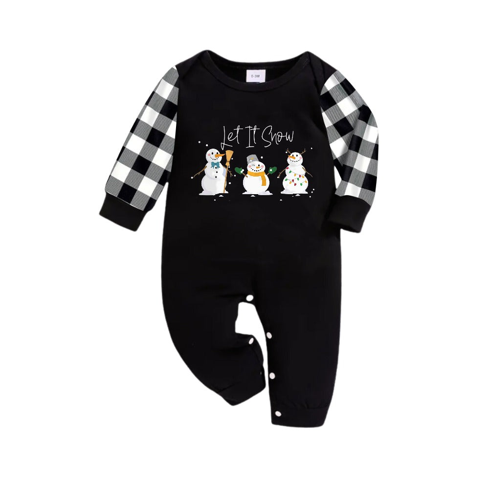Black and White Plaid Christmas Pajamas Set With Snowman and "Let It Snow" Cartoon Print