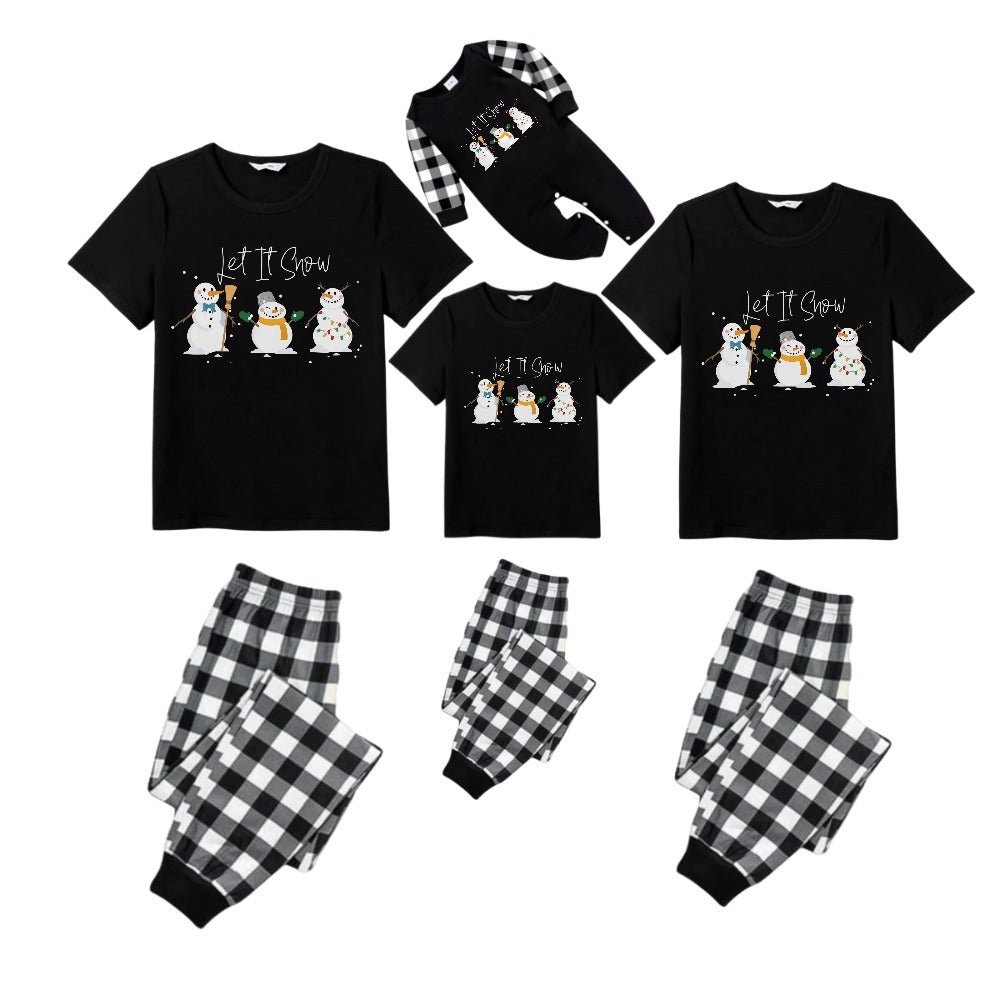 Black and White Plaid Short Sleeve Christmas Pajamas Set With Snowman and Cheer Text Prints