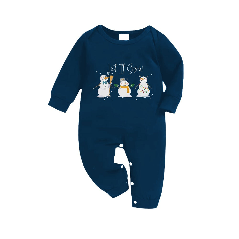 Christmas Family Matching Pajamas-Navy & Sky Blue Plaid Pjs Set with "Let It Snow" and Snowman Pattern Print