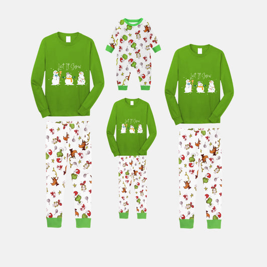 Christmas Family Matching Pajamas-Green Top and Grinch Pants Pjs Set with Snowman and "Let It Snow" Print