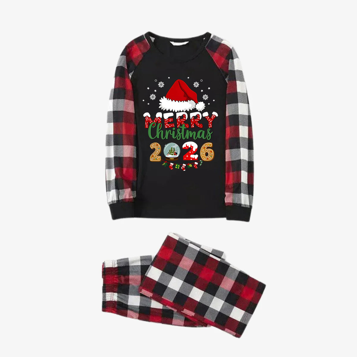 Red and Gray Plaid Christmas Pajamas Set With Santa Hat and "Merry Christmas 2026" Text Print